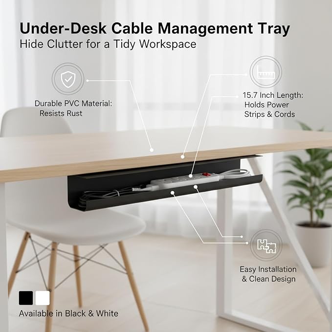 Under Desk Cable Management Tray, 15.7 Inch PVC Wire Organizer Basket for Power Strips and Cords, Home Office Storage Solution (1 Pack)