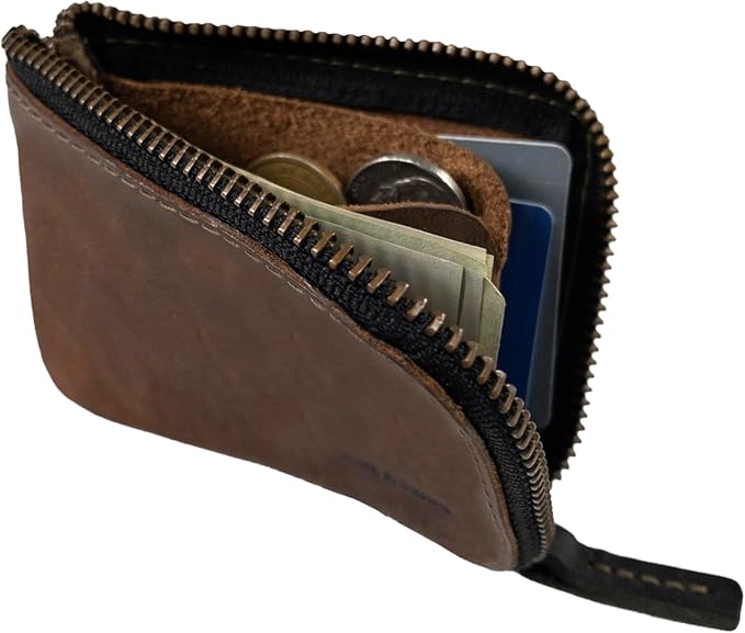 Hide & Drink, Full Grain Leather Zippered Card Wallet for Men and Women, Coin Pouch, Money Holder, Pocket Organizer, Handmade, Bourbon Brown