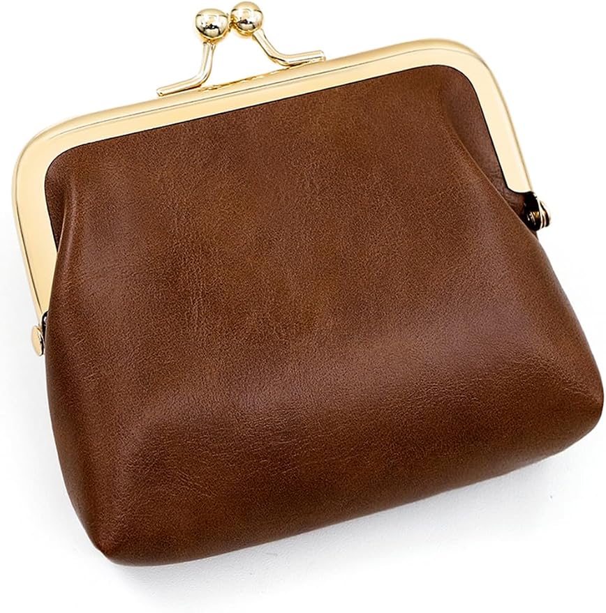Women’s Small Coin Purse, Vintage PU Leather Change Purse, Rectangle Kiss Lock Coin Pouch, Pocket-Sized, Solid Color, Mini Coin Purse for Women - Brown
