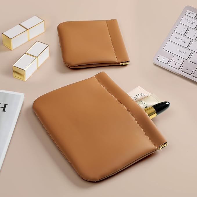2 Pack Small Makeup Bag for Women, New Organosilicon Super Fiber PU Leather Mini Cosmetic Bag for Travel, Coin Purse Organizer Storage Pouch (Brown)