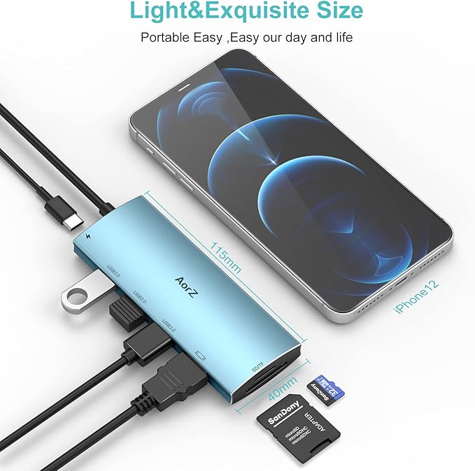 USB C Hub, USB Hub to HDMI Multiport AorZ USB c Dongle Adapter 7 in 1 with 4K HDMI Output, 3 USB 3.0 Ports,SD/Micro SD Card Reader, 100W PD,Compatible with Macbook,XPS and More Type Device(Light Blue)