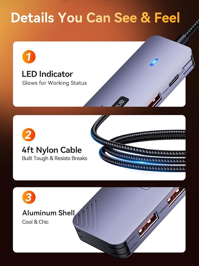USB 3.2 Gen2 Hub, QUUGE 5-in-1 USB Splitter with 4 USB-A 10Gbps Ports, USB Multiport Adapter with 120cm Nylon Cable, 5V 2A Type-C Power Port for MacBook, Mac Pro, iMac, Laptop, PC, Flash Drive, HDD