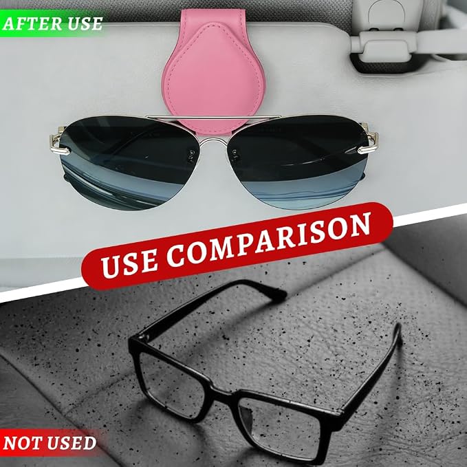 Sunglasses Holders for Car Visor, PU Leather Car Organizer, Magnetic Glasses Holder and Ticket Card Clip, Multi-Functional Auto Sun Visor Eyeglass Holder for Most Vehicles (Pink)