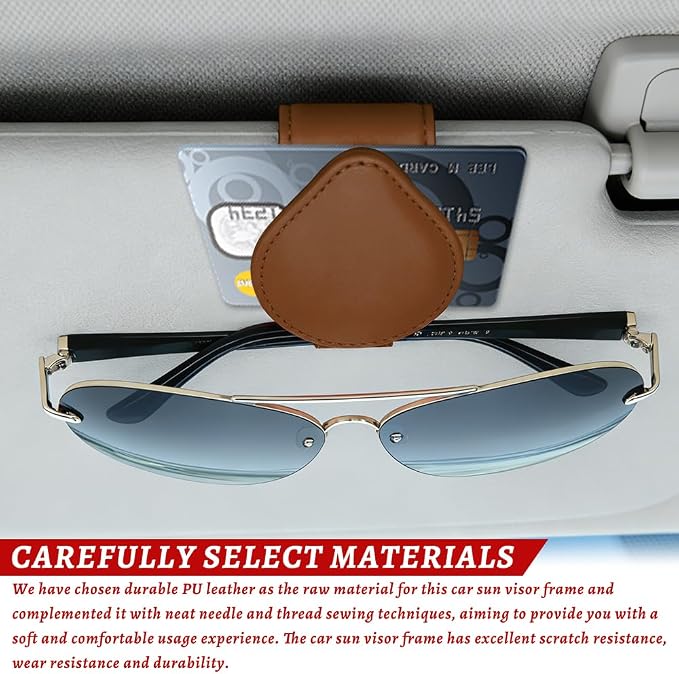 Sunglasses Holders for Car Visor, PU Leather Car Organizer, Magnetic Glasses Holder and Ticket Card Clip, Multi-Functional Auto Sun Visor Eyeglass Holder for Most Vehicles (Brown)