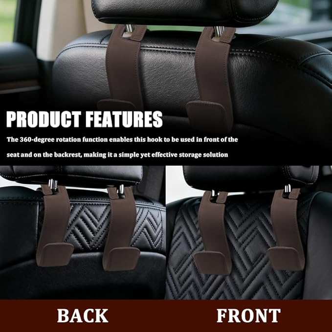 Car Seat Headrest Hooks, Purse Hook for Car, Automotive Headrest Handbags Holder, Auto Accessories Leather Seatback Organizer Hanger for Hanging Purses Bags Coats (Brown, 1PCS)
