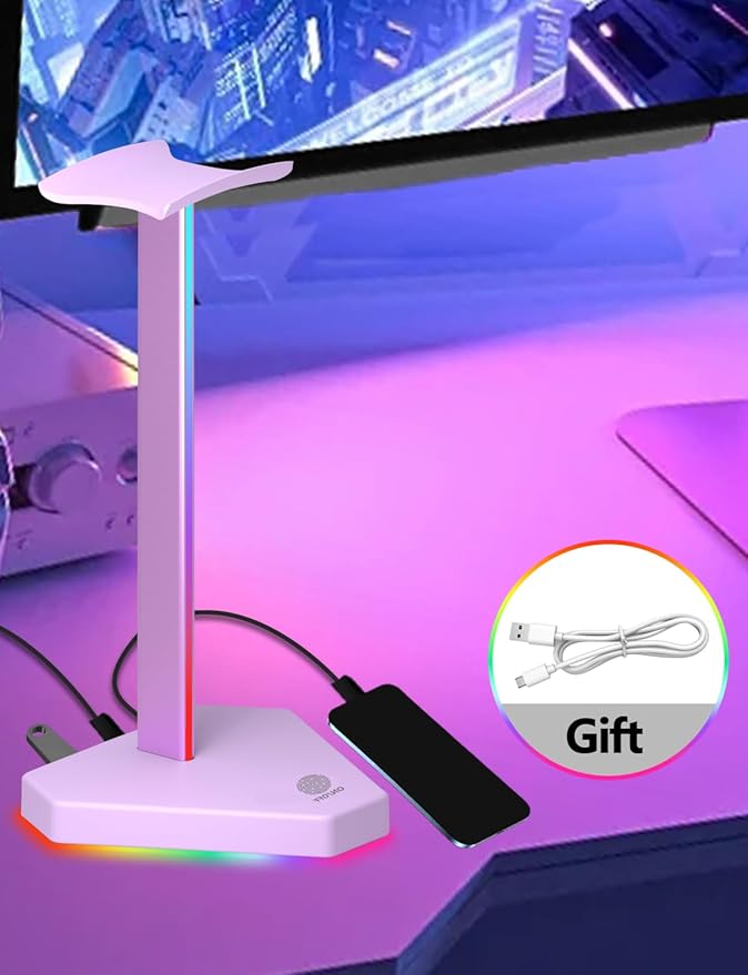 RGB Headphones Stand with 1 USB-C Data Transmission& 3 Type-C Charging Port, Desk Gaming Headset Holder with 7 Light Modes and Non-Slip Rubber Base (Purple)