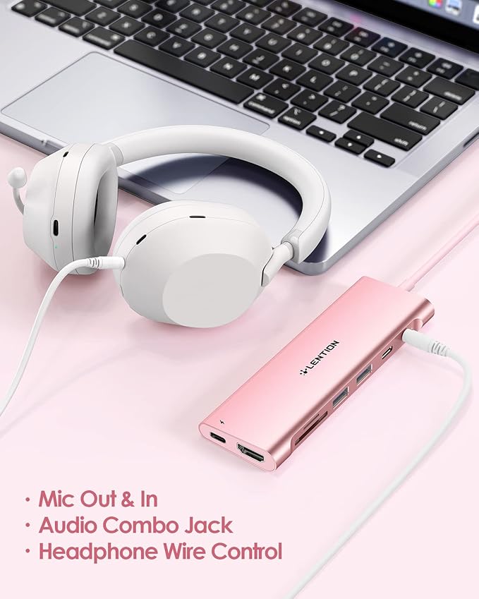 LENTION 8-in-1 USB C Hub, Docking Station with 3.3FT Long Cable, 4K HDMI, USB A&C, SD/TF Card Reader, Aux, 100W PD Charging, for MacBook Pro/Air, Dell, HP, Chromebook, Steam Deck (C37-1M, Rose Gold)