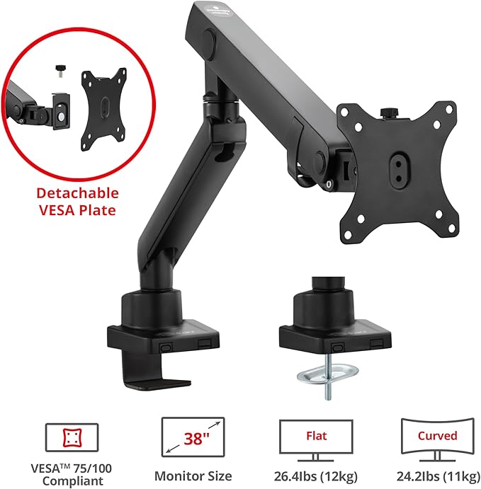 SIIG Aluminum Mechanical Single Monitor Arm Mount - Height Adjustable Desk Mount for 17in to 32in Screens - 17.6lbs Max VESA 75x75mm 100x100mm, Black