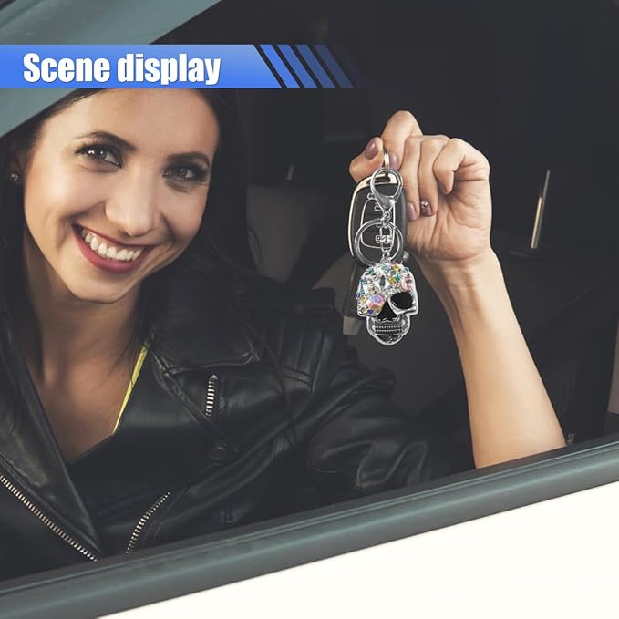 Bling Skull Car Keychain, Funny Metal Auto Key Ring Organizer, Driver Key Fob Holder Present for Men Women (Silver)