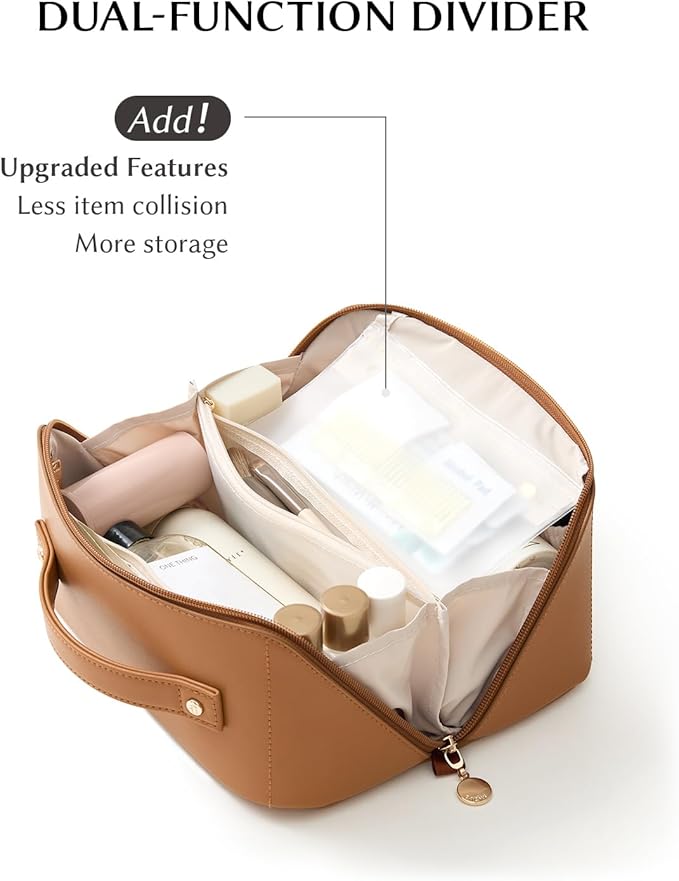 EACHY Travel Makeup Bag, Large Capacity Cosmetic Bag for Women, Waterproof PU Leather, Flat Open Portable Toiletry Bag for Skincare, Brushes & Travel Essentials