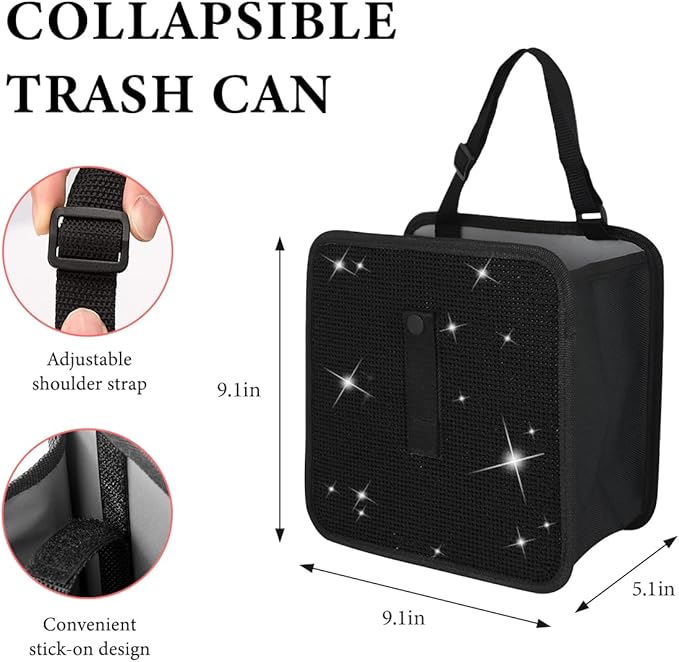 Car Foldable Trash Can, Bling Rhinestone Oxford Garbage Container Hanging Waterproof Organizer, Mini Crystal Dustbin Waste Basket Leakproof Trash Bin for Car Office Kitchen (Black)