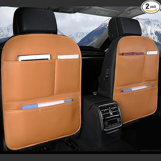 Kick Mat Back Seat Protector， Waterproof Leather Car Seat Back Organizers Cover with 3 Storage Pockets for Kids Pets SUV Sedan Minivan Truck Car Travel Accessories (Cayenne Yellow 2-pack)