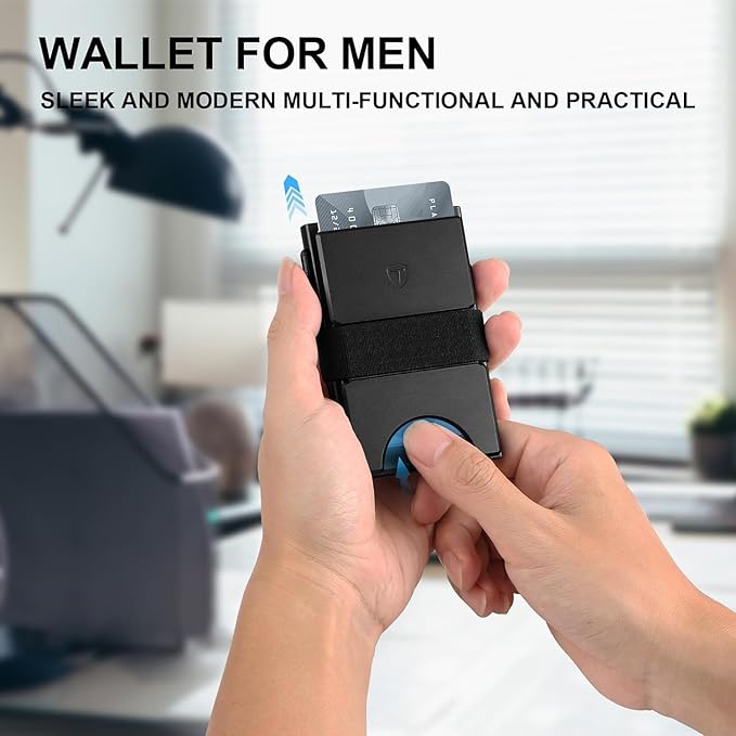 TOYFID Slim Wallet for Men,Black RFID Blocking Card Holder with Expandable Backplate Money Clip & ID Window Quick Access Minimalist Metal Pop Up Wallet,Holds 12+ Credit Cards/Passport/ID Cards