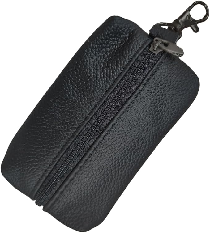 Leather Car Key Case Holder, Auto Smart Key Fob Protector Pouch with Zipper, Universal Unisex Keychain Wallet (Black)