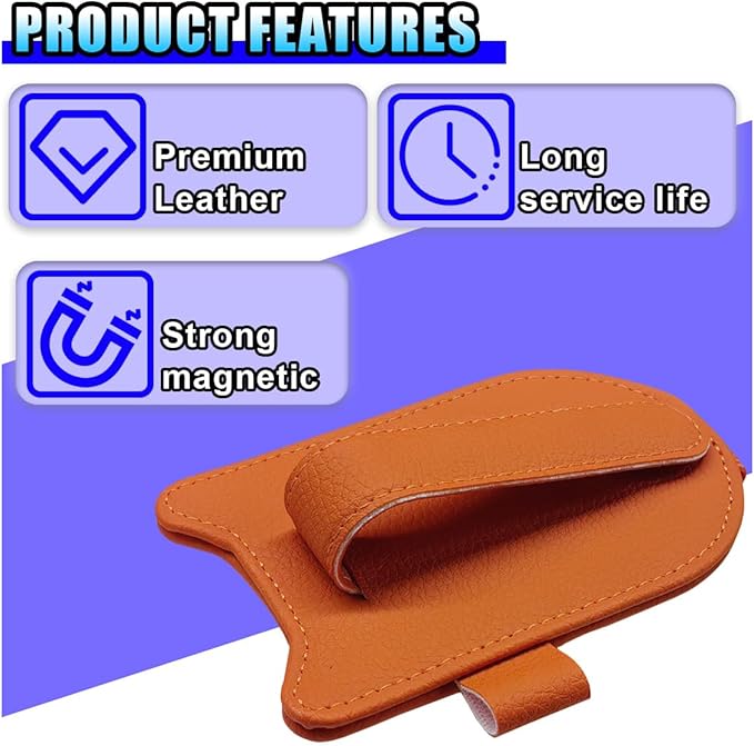 2PCS Sunglass Holder for Car Sun Visor, Magnetic Leather Vehicle Glasses Eyeglass Mount & Ticket Card Clip, Automotive Interior Visor Accessories, Universal for Sedan SUV Truck (Orange)
