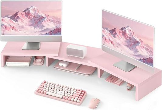 TAVR Dual Monitor Stand Riser, Computer Monitor Stands for 2 Monitors, Extra Long Multifunctional Desktop Organizer Riser for Computer, Laptop, PC, Printer, TV, Max 43.3" Length, Pink