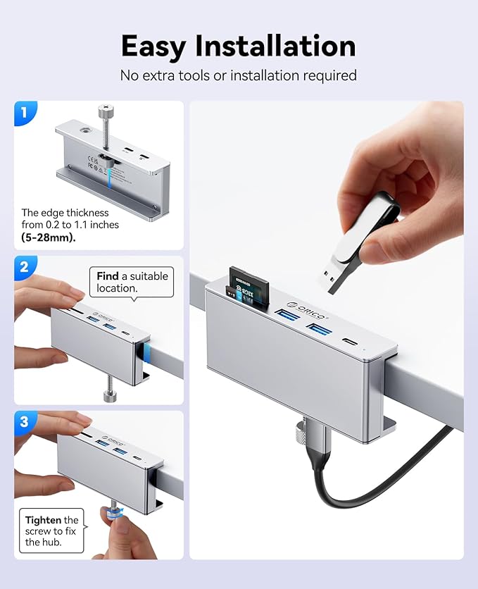 ORICO USB Hub 3.2, USB-Hub Clamp with Type-C PD 60W Port, 10Gbps Aluminum 6-Port USB Extender with 2 USB-A 3.2 Ports, USB-C 3.2, SD/TF Card Reader 3.0, AUX, USB-3.2 Splitter for Monitor, Desk