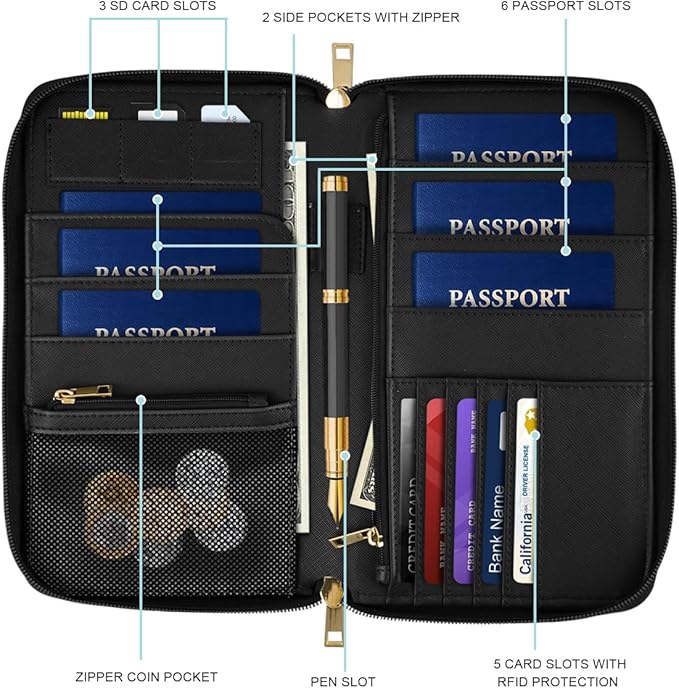 Family Passport Holder Wallet RFID Blocking Document Organizer PU Leather Mulit-purpose Travel Wallet Credit Cards Case for Women Men, Dragonfly