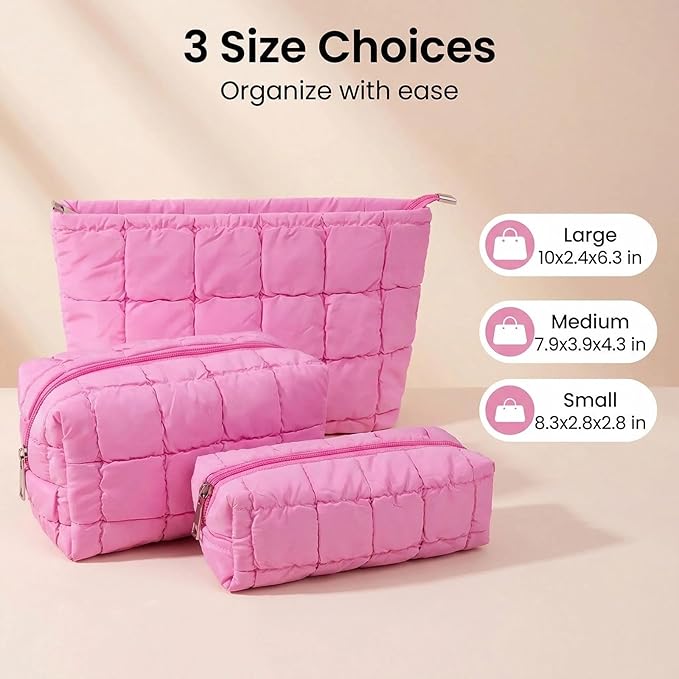 3Pcs Puffer Quilted Makeup Bag Travel Cosmetic Bag Set Portable Puffy Checkered Toiletry Pouch Skincare Organizer Purse Pencil Case (Rose Red)