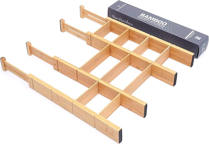 Adjustable 17-22in Bamboo Dividers Organizers with 9 Inserts, Expandable Spring Loaded Drawer Dividers for Kitchen, Dresser, Bedroom, Bathroom, Office, and Garage (4 Pack)