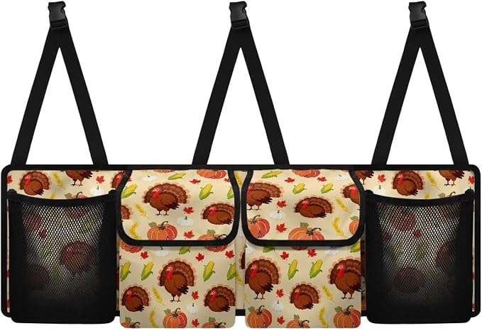 Thanksgiving Turkey Pumpkins Trunk Organizer, Collapsible Multi Pocket Car Organizer, Foldable SUV Storage Bag Car Accessories for Women Men, 3 Adjustable Straps