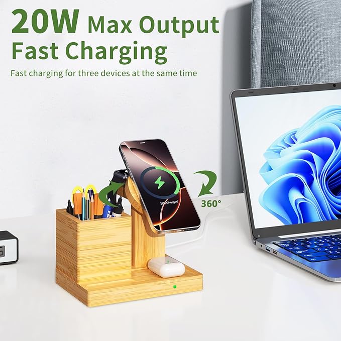 Wireless Charger Stand with Magnet- 4 in 1 Wireless Charging Station with Pen Holder, Bamboo Fast Charging Stand Compatible with iPhone 16/15/14/13/12 Pro/AirPods/Apple Watch, Presents for Men Women