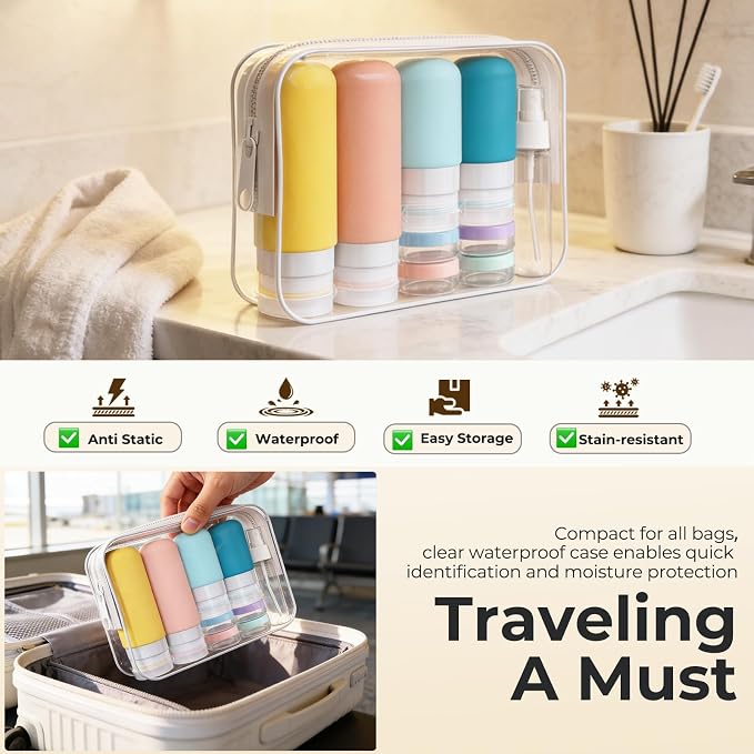 17 Pack Travel Bottles for Toiletries, TSA Approved Leak Proof Silicone Travel Containers for Toiletries with Label-Dopamine Color