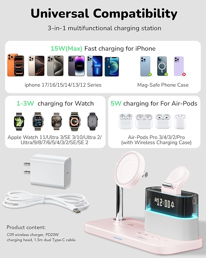 5 in 1 Wireless Charging Station,Alarm Clock with Night Light Magnetic Multiple Charger for iPhone 17/16/15/14/13/12 Pro Max,Apple Watch Series Air-Pods,Bedroom Charging Stand