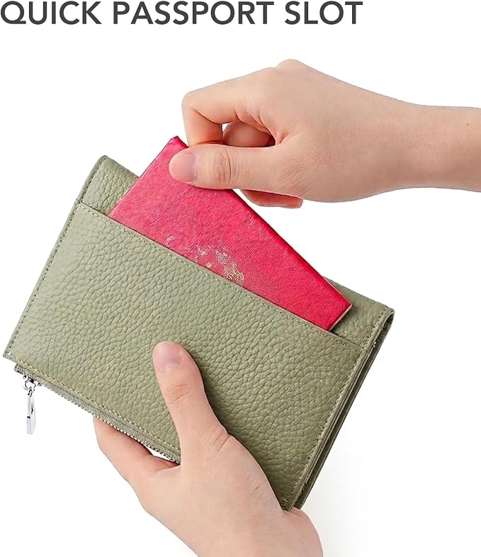 Genuine Leather Passport Holder for Women, RFID Blocking Compact Travel Wallet with Card Slots, Zipper Coin Pocket and SIM Slots, Slim Passport Cover Case, Green