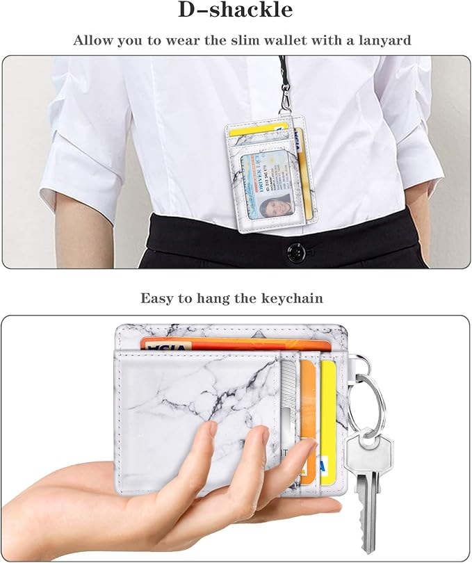 Coco Rossi Slim Front Pocket Wallet RFID Blocking Minimalist Credit Card Holder Wallet with D-Shackle for Women,White Marble