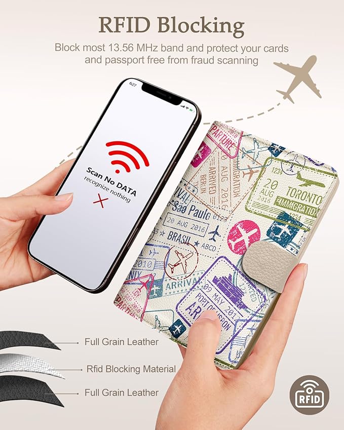 Slohif Passport Wallet Holder Cover for Travel - Women Men RFID Blocking Passport Book Case Protector, Cream Stamp Airplane Leather Personalized Organizer Slim Carrier Boarding Pass Cards Slots