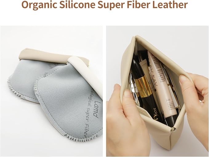 2 Pack Small Makeup Bag for Women, New Organosilicon Super Fiber PU Leather Mini Cosmetic Bag for Travel, Coin Purse Organizer Storage Pouch (Printed with Phrase, Beige)