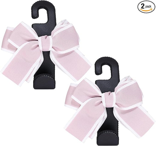 Car Purse Hook, Cute Bow Hooks for Headrest - Leather U-Shaped Purse Holder for Car, Flexible Seat Back Organizer & Durable Vehicle Accessories for Bags, Coats & More (Black&Pink-2 Pack)