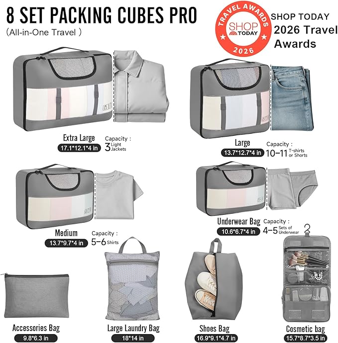 Veken 8 Set Packing Cubes for Travel Essentials, Suitcase Organizer Bags in 4 Sizes, Carry-On Luggage Accessories with Large Laundry & Hanging Toiletry Bag, Must-Have for Airplane, Road Trip & Camping