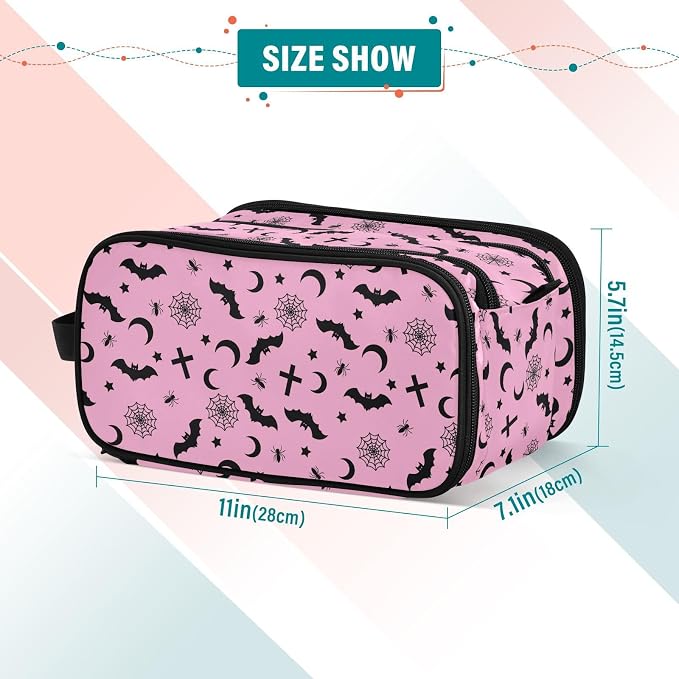 MNSRUU Travel Makeup Bag,Pink Goth with Bats Makeup Bag Large Capacity Portable Travel Toiletries Bag for Travel Size Cosmetic Bag Organizer, Women Toiletry Makeup Bag Organizer