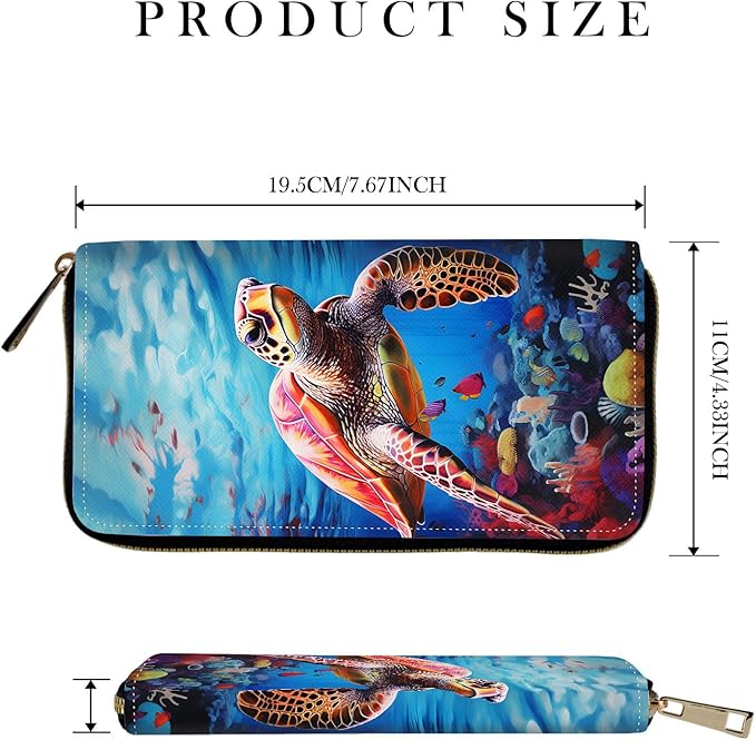 RFID-Blocking Zip Around Wallets for Women with Detachable Wrist Strap,Large Capacity Phone Holder with Card Organizer & Coin Pocket,Sea Turtle Swimming Underwater