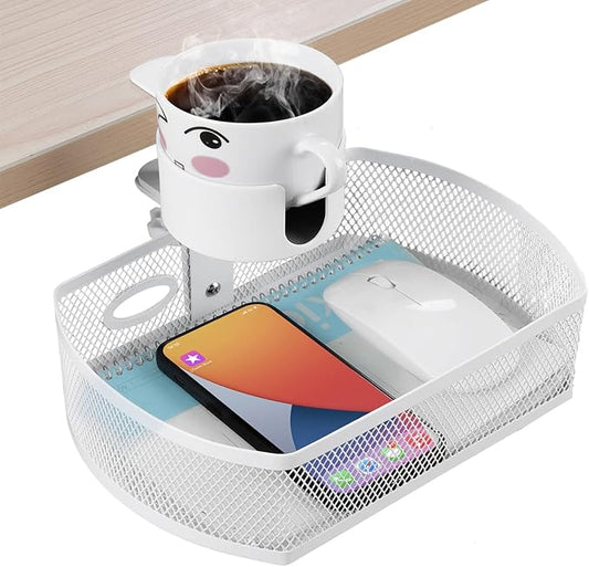MASTLU Under Desk Organizer,Cup Holder,Table Management Tray, Swivel Pencil Drawer, Office No Drill Steel Organizers,360 Spin Hidden Storage Box with Sturdy C-Clamp,Easy Install (White)