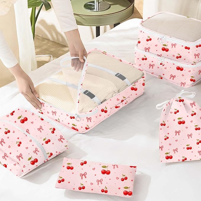 KPX 8 Set Packing Cubes for Travel, Luggage Packing Organizers Accessories Large Toiletries Bag for Clothes Shoes Cosmetics (8Set-Cherry & Bow)