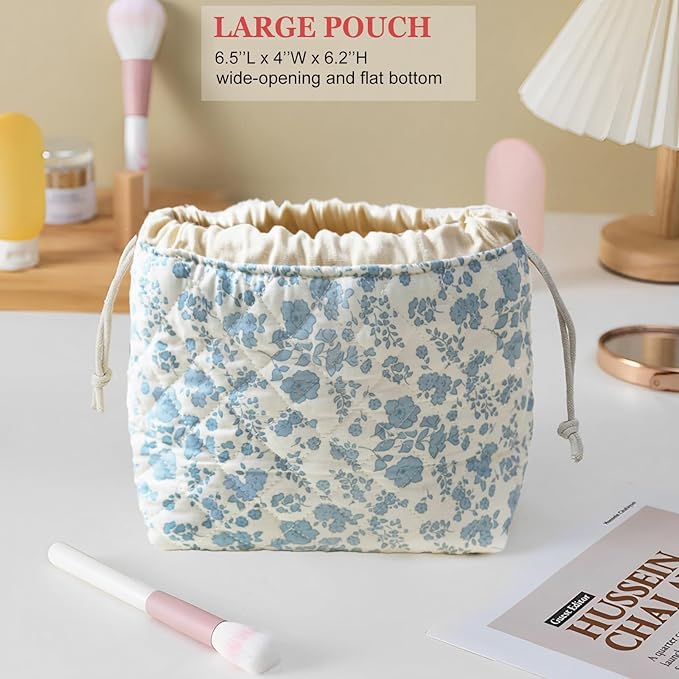 HAPPYHEIDI Floral Quilted Cotton Drawstring Makeup Bag Set 2 Compartment Cosmetic Toiletry Travel Pouch Accessory purse Organizer, Blue Orchids