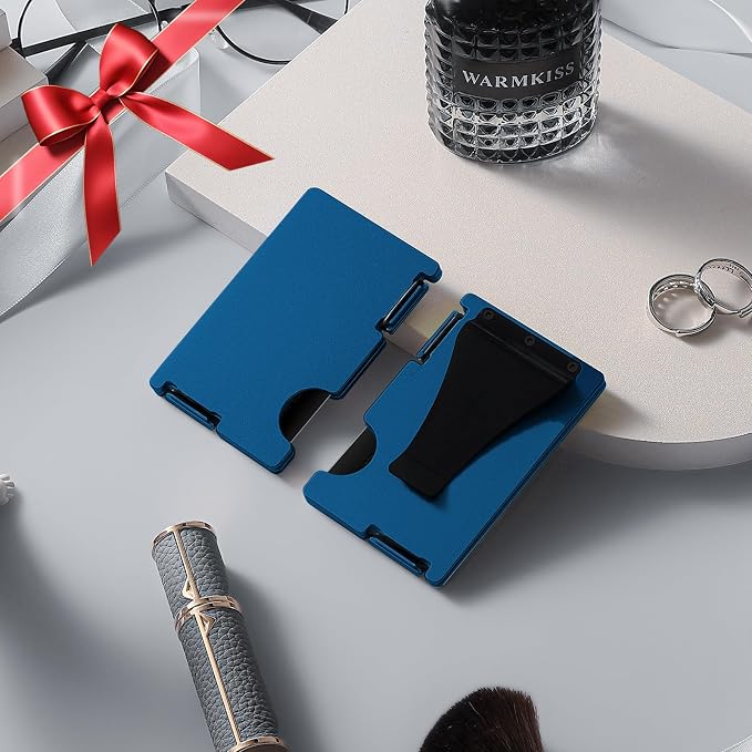 Wallet for Men, Minimalist Card Holder with Money Clip, Slim Metal Front Pocket Aluminum Wallet, Modern-Modular-Design, RFID Blocking, Navy Blue