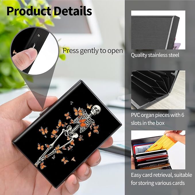Metal Wallet, Credit Card Holder for Women Men Girls, RFID Blocking Aluminum Wallet Slim Hard Case, Mini Travel Wallet, ID Card Holder Business Card Case,Human Bone Butterfly