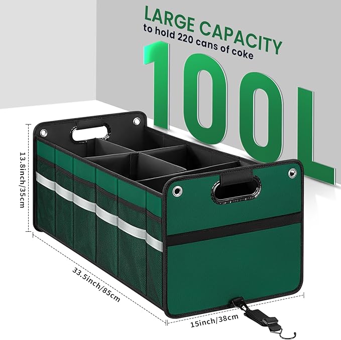 winhunt Car Trunk Organizer, Car Storage Organizer, Collapsible Multi Compartment for Car, Suv, Sedan, Truck, 100L, Extra Larger (Green, 100L)