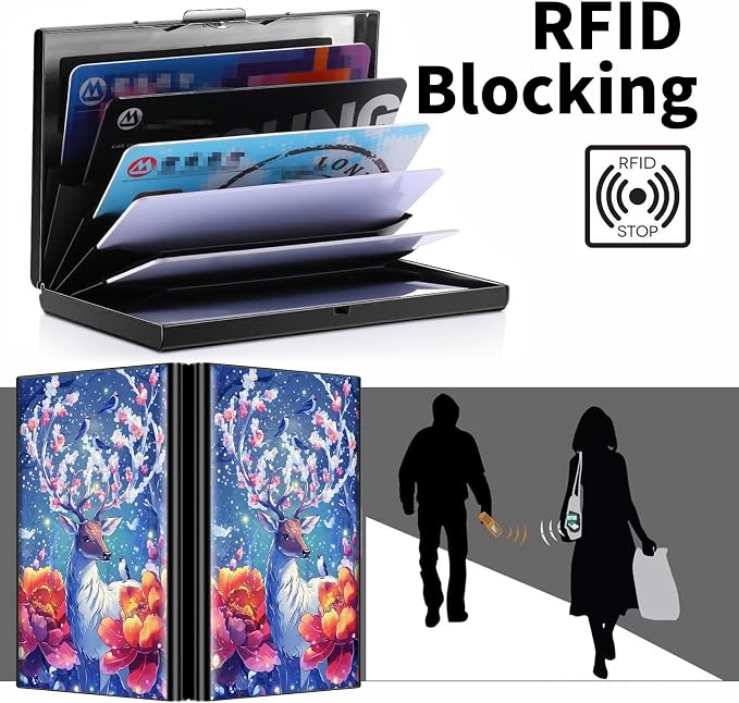 Metal Wallet for Women Men Girls, RFID Blocking Slim Aluminum Credit Card Holder, Mini Travel Wallet with Hard Shell, Lightweight ID & Business Card Case,Art Deer Elk