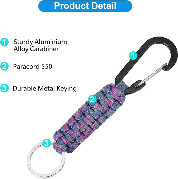 2 Pieces Paracord Keychain with Carabiner,Lanyard Clip for Keys Water Bottle Holder Backpack