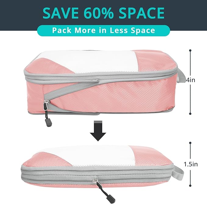 Compression Packing Cubes 10 Set, Compressible Space-Saving Packing Cubes for Travel - Compression Bags, Luggage Organizer, Travel Essentials for Women, Pink