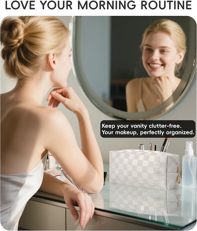 Checkered Makeup Bag for Purse - Cute PU Leather Travel Cosmetic Pouch for Women, Portable Flat Toiletry Organizer with Gold Zipper(white)