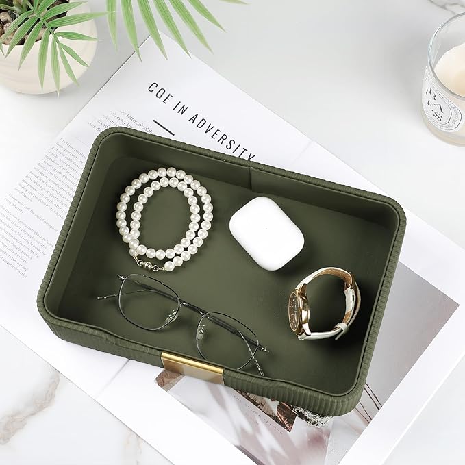 Valet Tray Desktop Storage Organizer, PU Leather Catchall Bedside Vanity Tray with Brass Accents Block Nightstand Organizer for Keys Watch Wallet Phone, Decorative Nightstand Storage (Green)