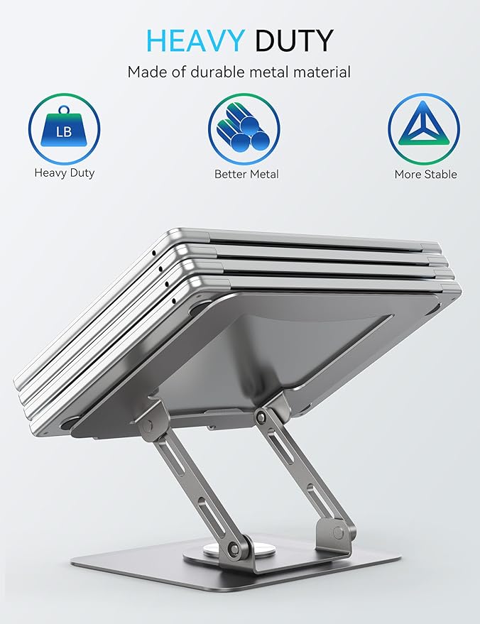SOUNDANCE 360 Rotating Laptop Stand, Ergonomic Computer Riser for Desk, Adjustable Height Multi-Angle Metal Holder, Foldable Portable Notebook Elevating Base for Office & Home, Silver Grey
