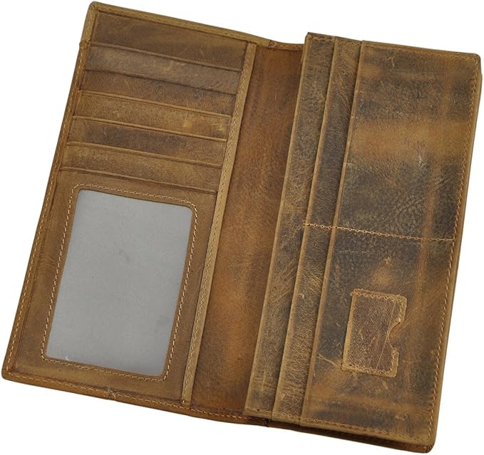 Le'aokuu Mens Genuine Leather Bifold Wallet Organizer Checkbook Card Case (1019 Light Brown)