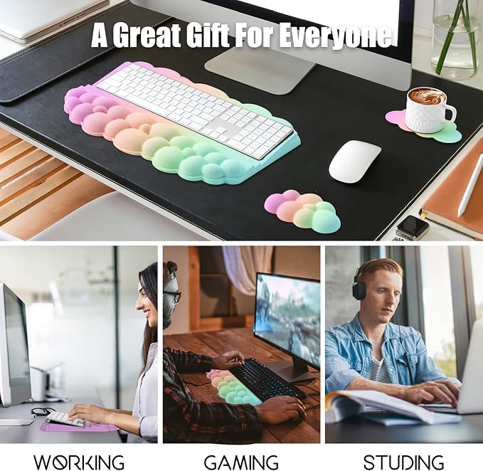 Ergonomic Wrist Rest for Keyboard, Soft Memory Foam Cloud Keyboard Stand Pad with Wrist Rest Set with Non-Slip Silicone Base, Easy Typing, Pain Relief, Comfort for Computer Laptop Mac - Rainbow